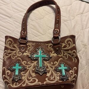 Brown Embroidered Tote Bag with Turquoise Cross Accents